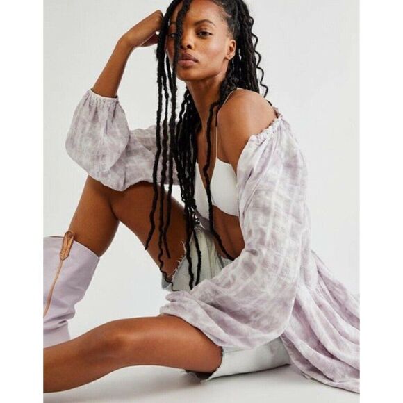 NEW FREE PEOPLE Sz S WASHED EDIE DRESS BUTTON FRONT MAXI TOP DUSTER DUST FOG - Picture 4 of 5